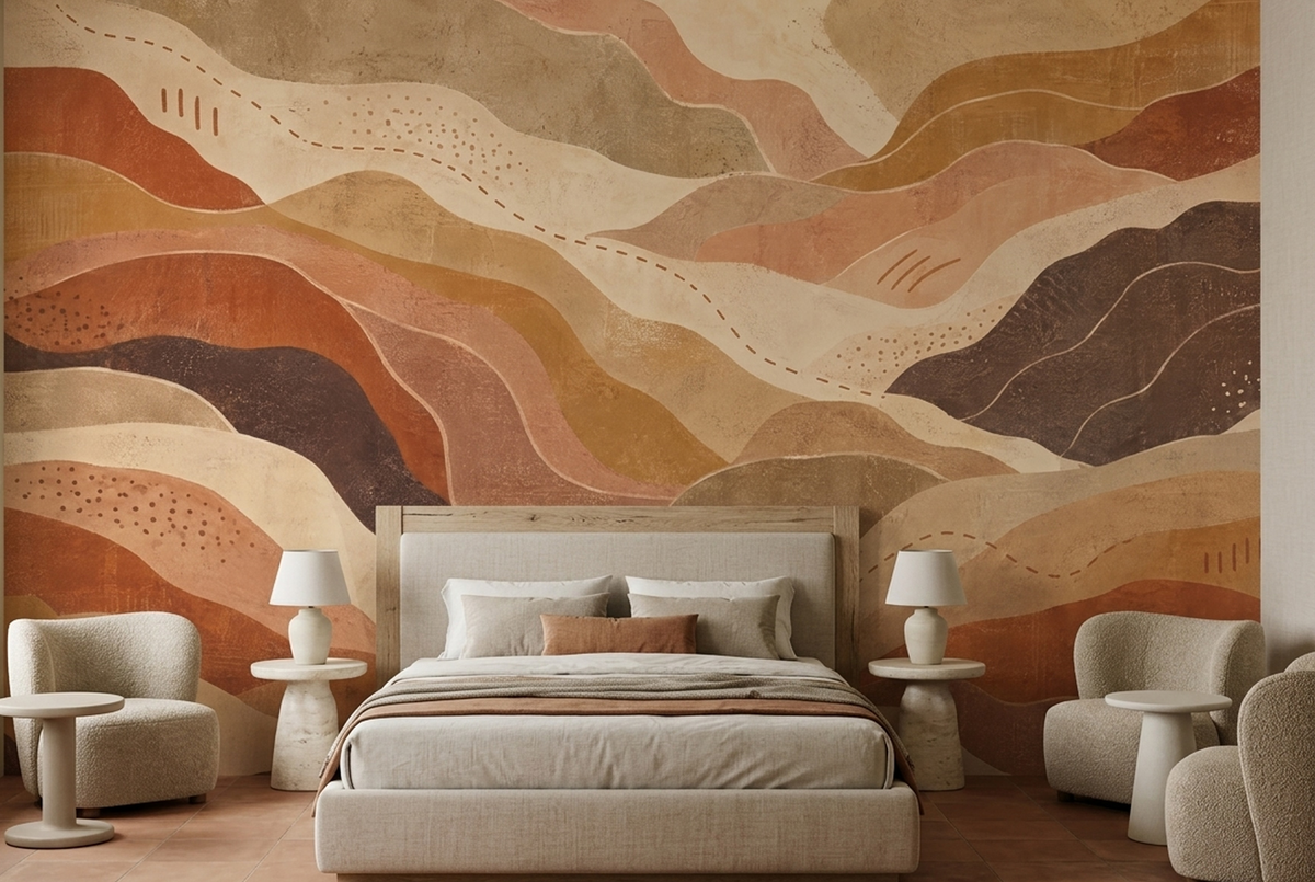 Terracotta Abstract Landscape Wall Mural with Ochre Desert Waves