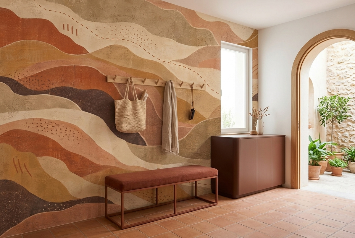 Terracotta Abstract Landscape Wall Mural with Ochre Desert Waves
