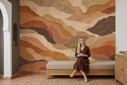 Terracotta Abstract Landscape Wall Mural with Ochre Desert Waves