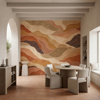 Terracotta Abstract Landscape Wall Mural with Ochre Desert Waves