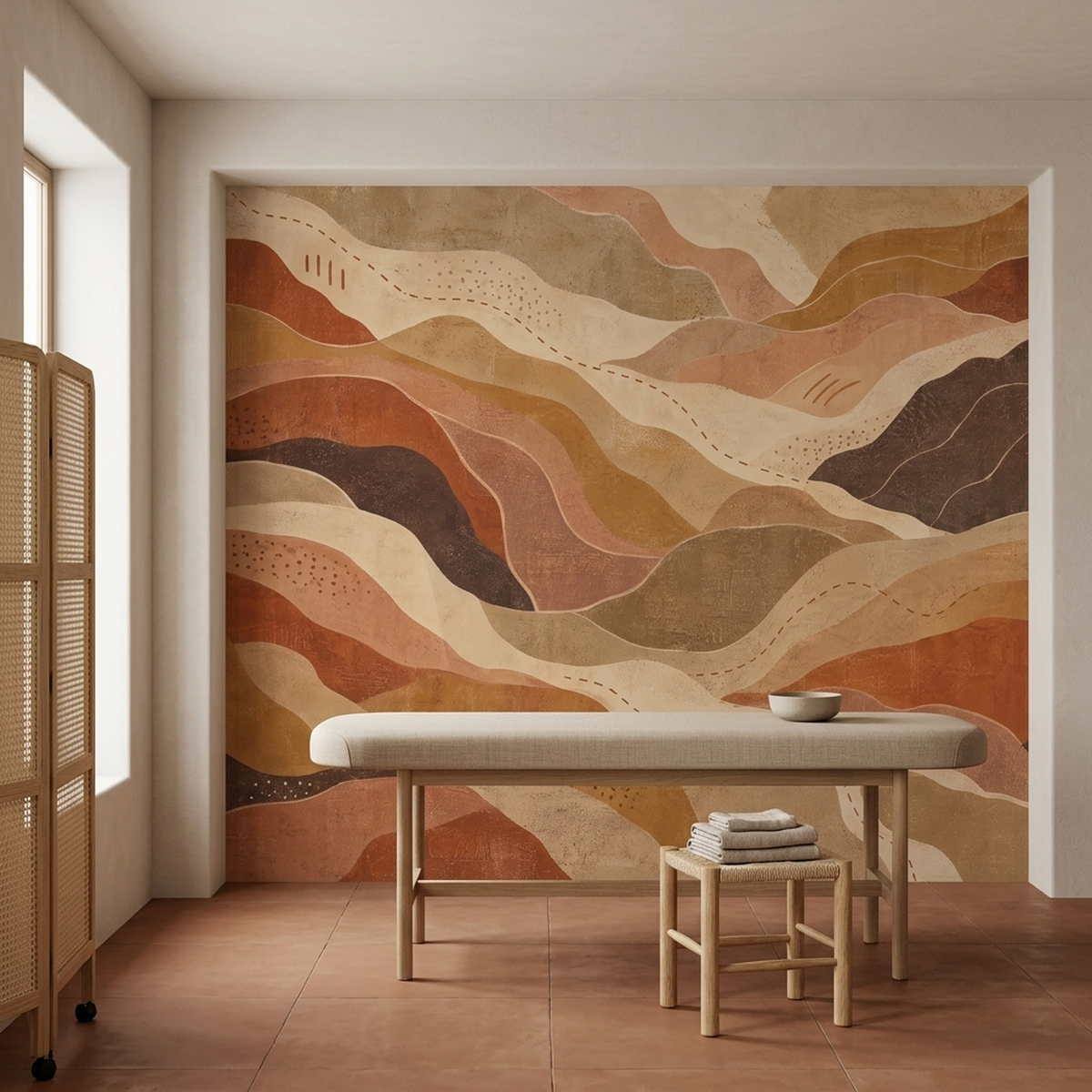 Terracotta Abstract Landscape Wall Mural with Ochre Desert Waves