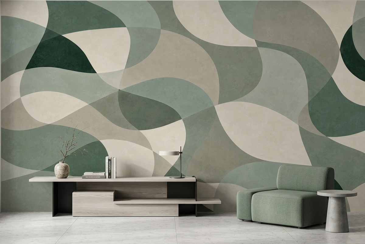 Muted Green Abstract Wall Mural with Oversized Curves and Ivory Shapes