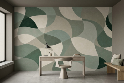 Muted Green Abstract Wall Mural with Oversized Curves and Ivory Shapes