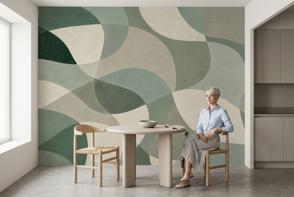 Muted Green Abstract Wall Mural with Oversized Curves and Ivory Shapes