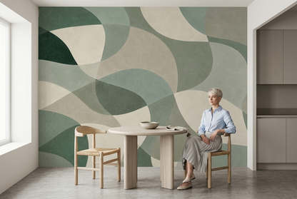 Muted Green Abstract Wall Mural with Oversized Curves and Ivory Shapes