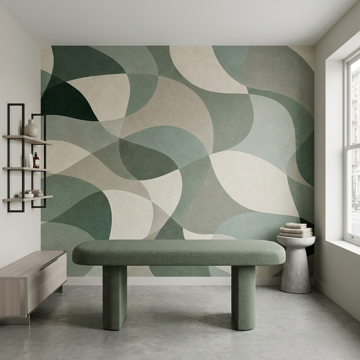 Muted Green Abstract Wall Mural with Oversized Curves and Ivory Shapes