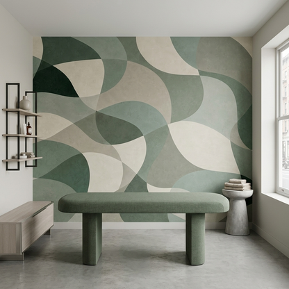 Muted Green Abstract Wall Mural with Oversized Curves and Ivory Shapes