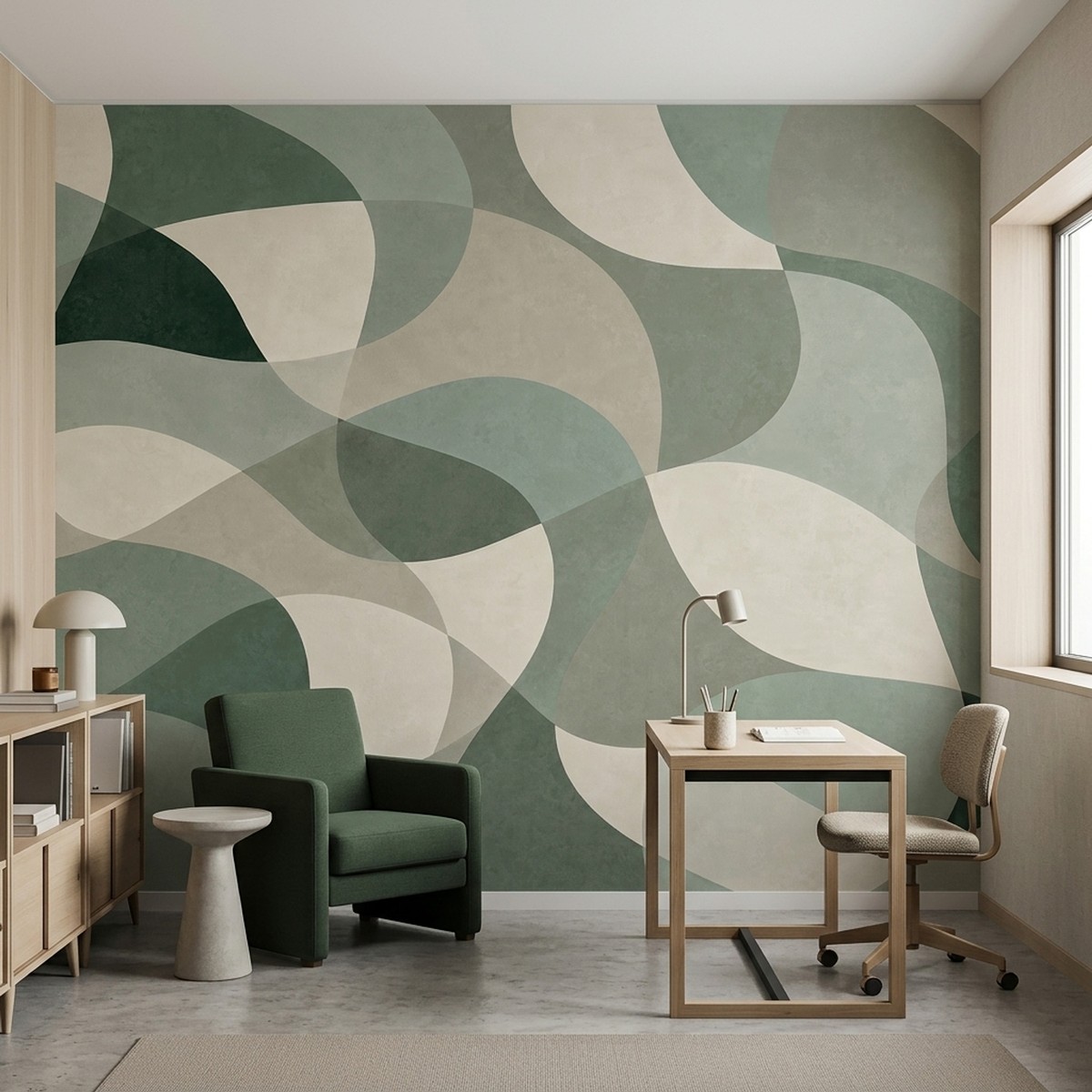 Muted Green Abstract Wall Mural with Oversized Curves and Ivory Shapes