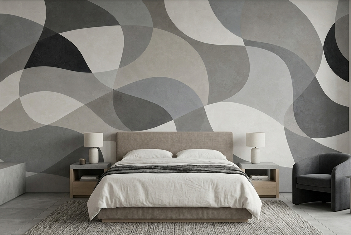 Gray Abstract Wall Mural with Oversized Ivory and Charcoal Curves