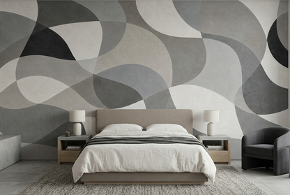 Gray Abstract Wall Mural with Oversized Ivory and Charcoal Curves