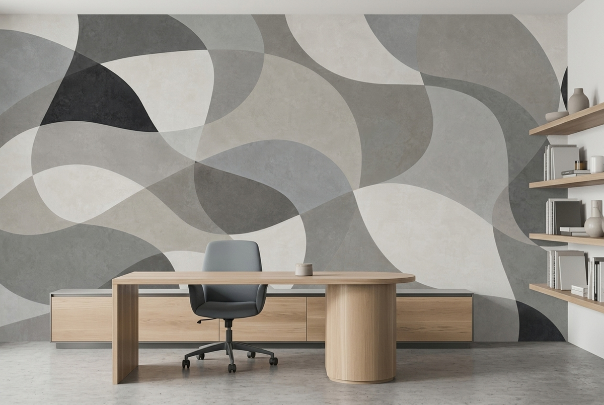 Gray Abstract Wall Mural with Oversized Ivory and Charcoal Curves