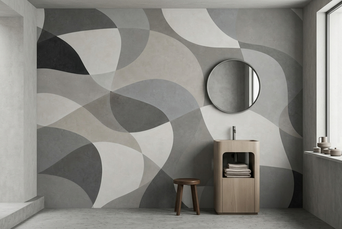 Gray Abstract Wall Mural with Oversized Ivory and Charcoal Curves