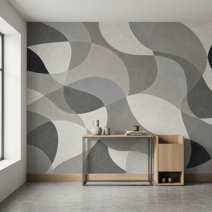 Gray Abstract Wall Mural with Oversized Ivory and Charcoal Curves