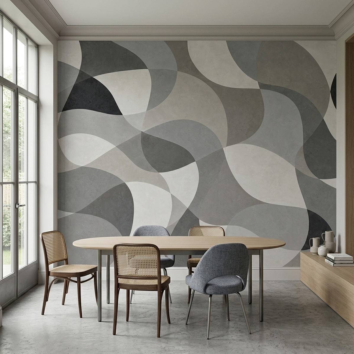 Gray Abstract Wall Mural with Oversized Ivory and Charcoal Curves