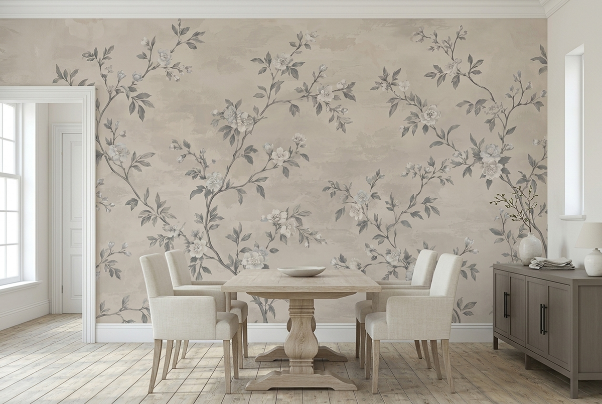 White Blossom Branches Wallpaper Neutral Botanical Wall Mural