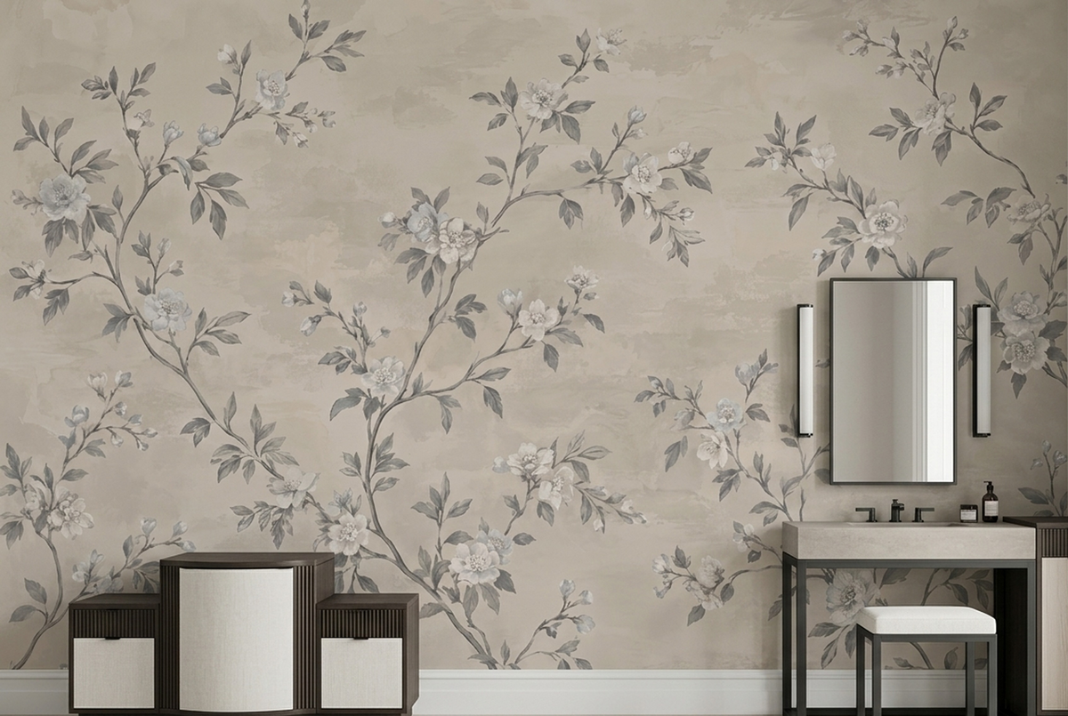 White Blossom Branches Wallpaper Neutral Botanical Wall Mural