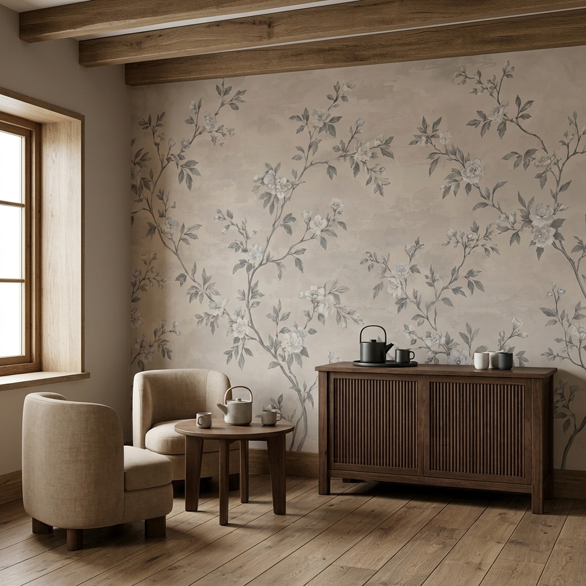 White Blossom Branches Wallpaper Neutral Botanical Wall Mural
