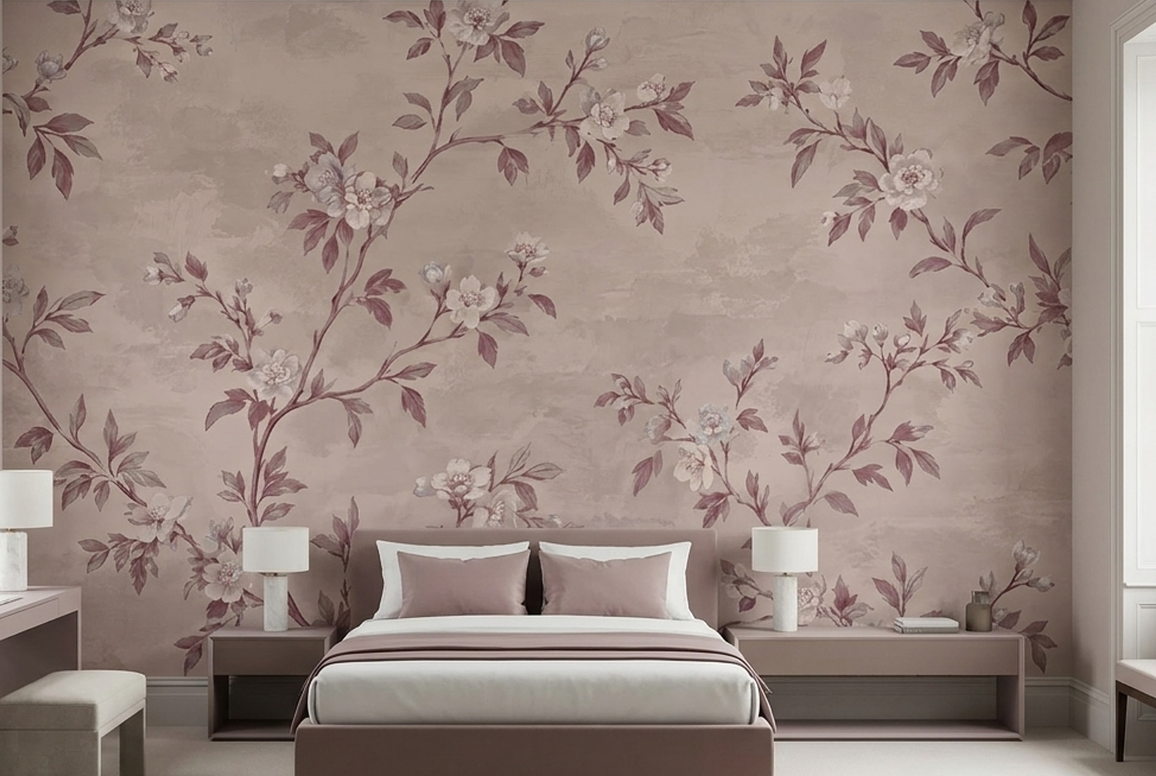 Cream Blossoms And Curving Branches Wallpaper Vintage Botanical Wall Mural