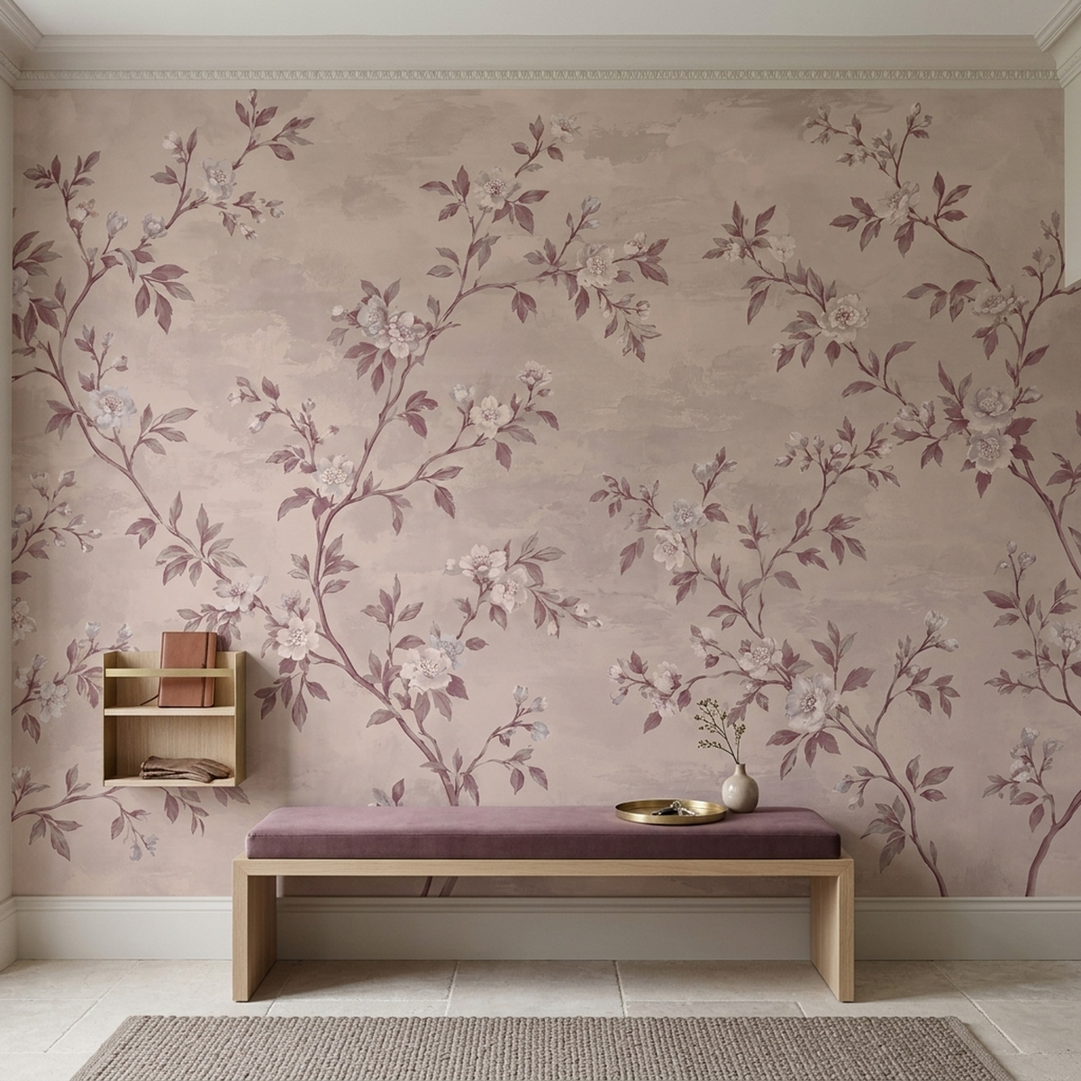 Cream Blossoms And Curving Branches Wallpaper Vintage Botanical Wall Mural