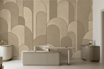 Beige Art Deco Arch Wall Mural with Layered Taupe Geometry