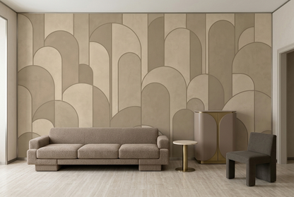 Beige Art Deco Arch Wall Mural with Layered Taupe Geometry