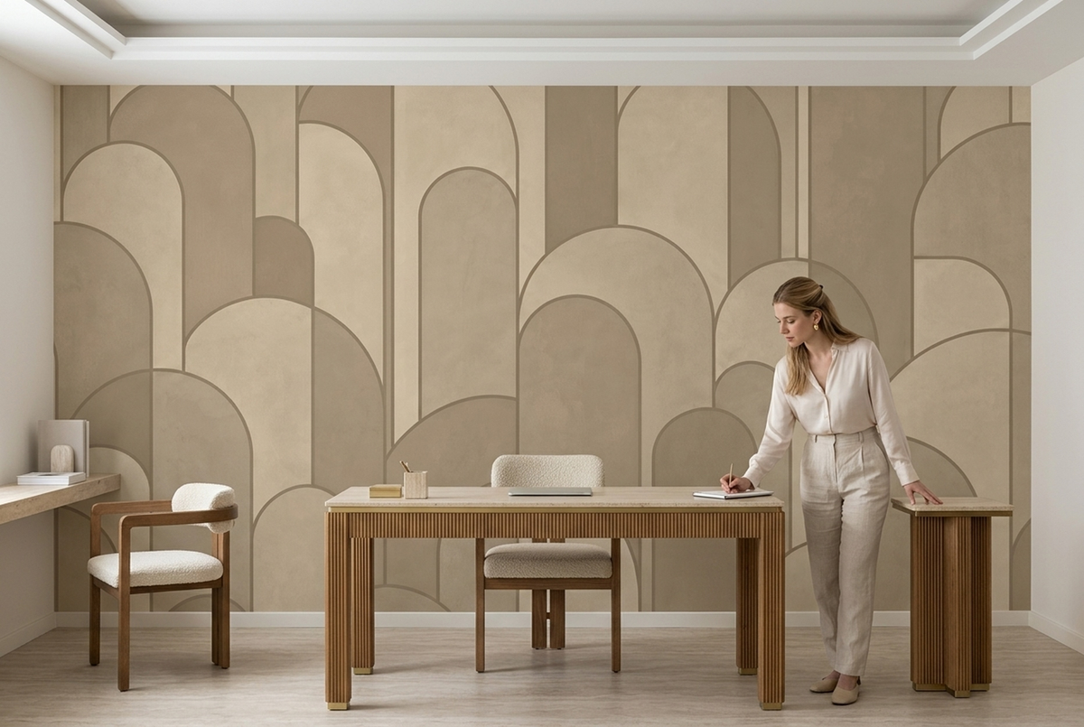 Beige Art Deco Arch Wall Mural with Layered Taupe Geometry