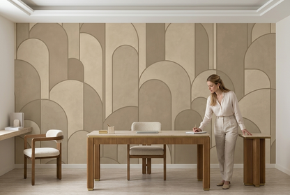 Beige Art Deco Arch Wall Mural with Layered Taupe Geometry