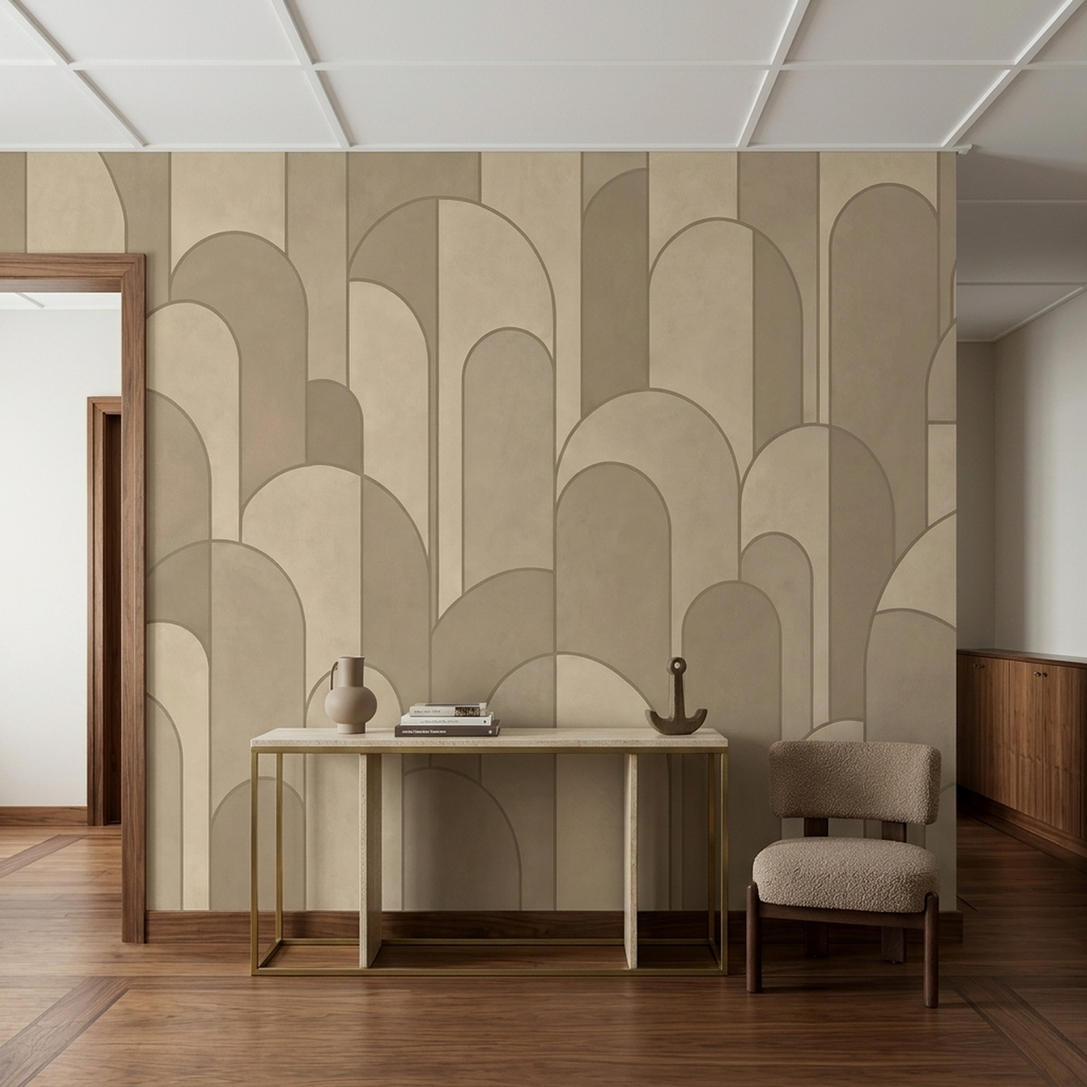 Beige Art Deco Arch Wall Mural with Layered Taupe Geometry