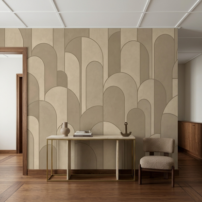 Beige Art Deco Arch Wall Mural with Layered Taupe Geometry