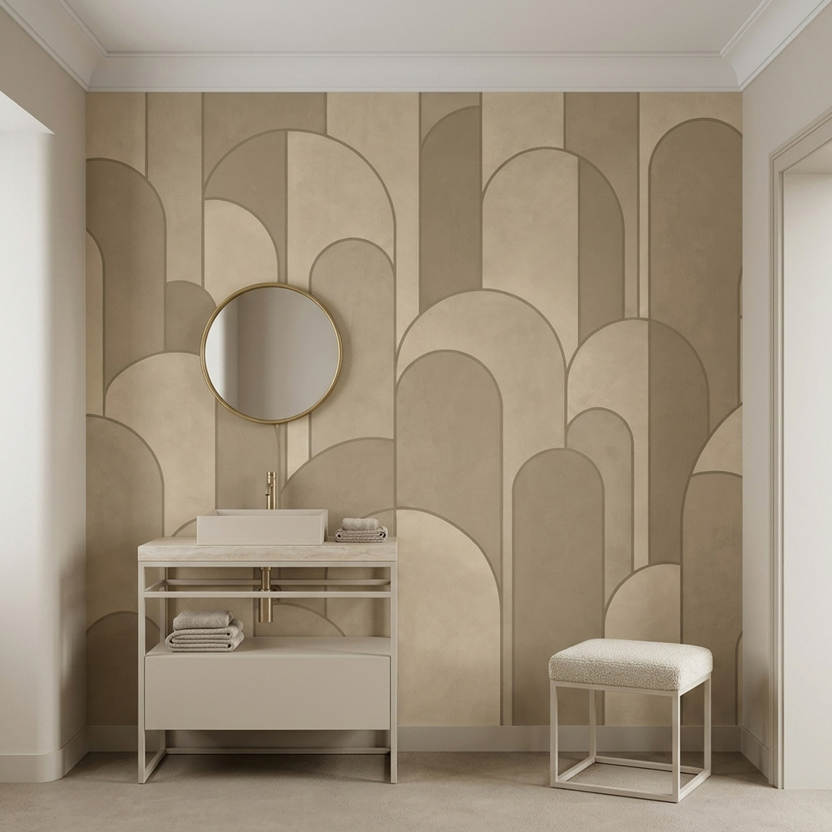 Beige Art Deco Arch Wall Mural with Layered Taupe Geometry