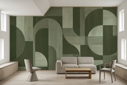 Woodgrain Geometric Blocks Wallpaper Contemporary Green Wall Mural