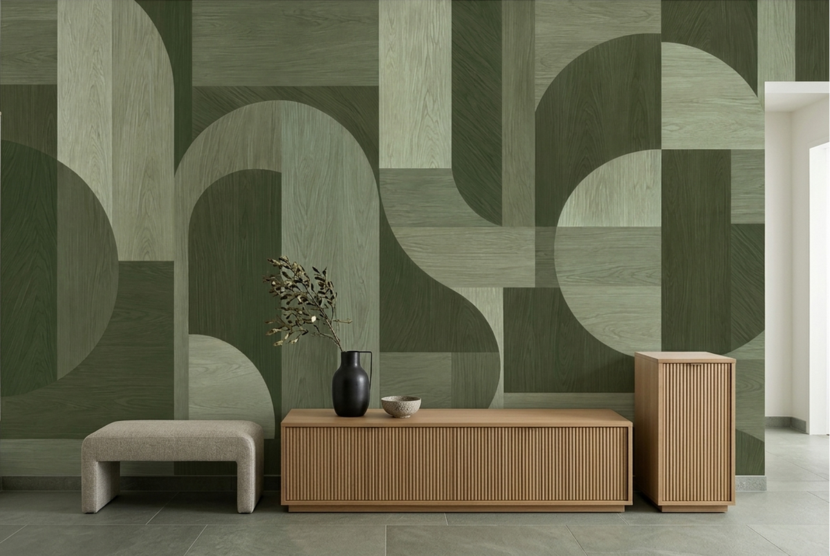 Woodgrain Geometric Blocks Wallpaper Contemporary Green Wall Mural