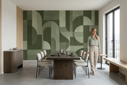 Woodgrain Geometric Blocks Wallpaper Contemporary Green Wall Mural