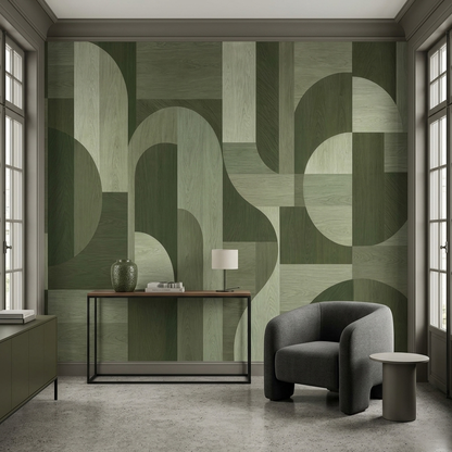 Woodgrain Geometric Blocks Wallpaper Contemporary Green Wall Mural