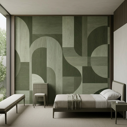 Woodgrain Geometric Blocks Wallpaper Contemporary Green Wall Mural