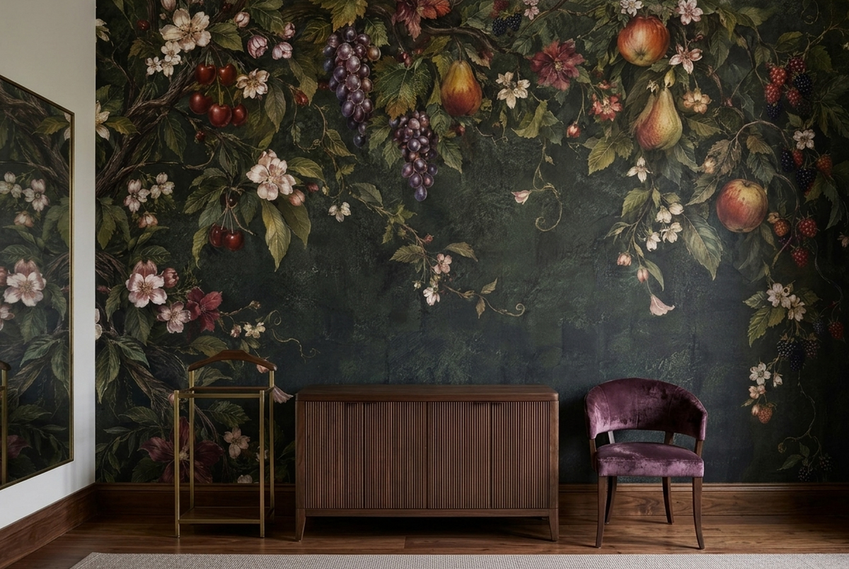 Botanical Fruit Vines Wallpaper Vintage Frame Style Wall Mural