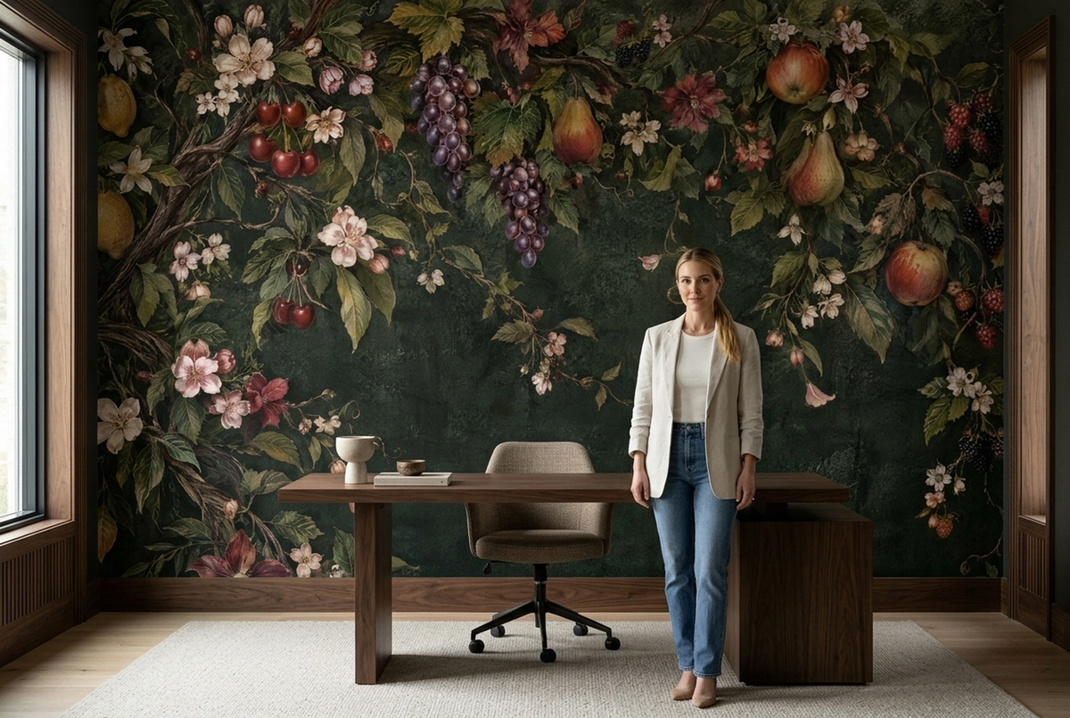Botanical Fruit Vines Wallpaper Vintage Frame Style Wall Mural