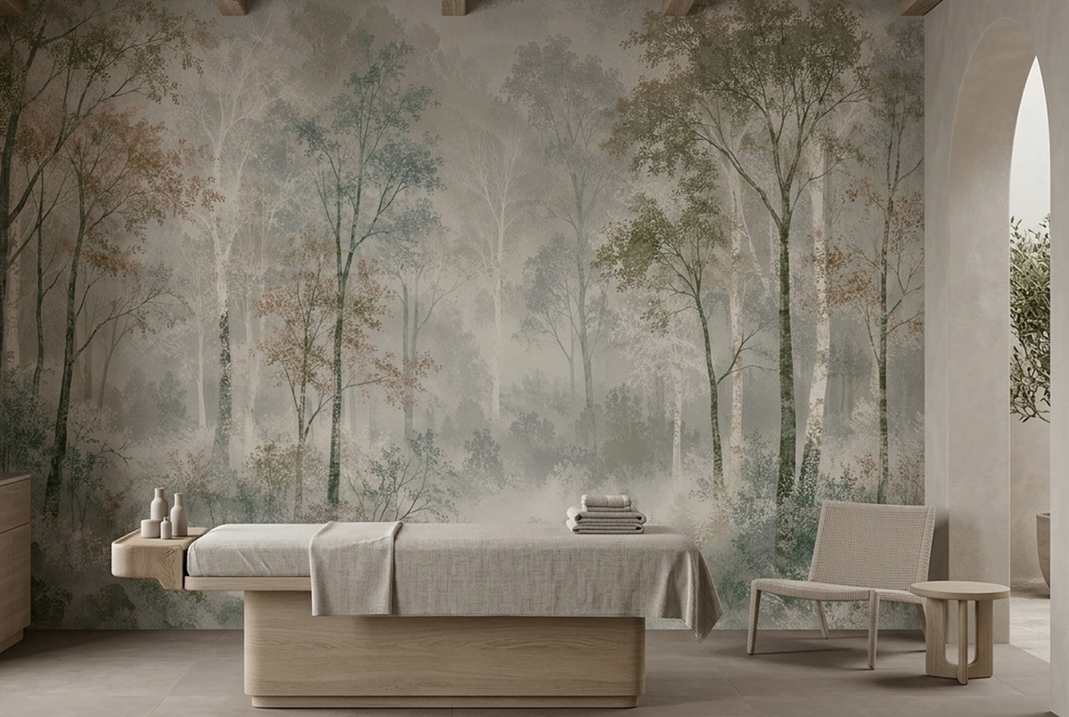Foggy Woodland Wallpaper Neutral Sage Wall Mural