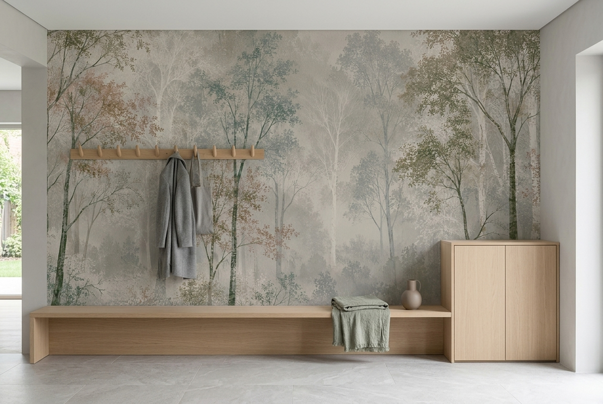 Foggy Woodland Wallpaper Neutral Sage Wall Mural