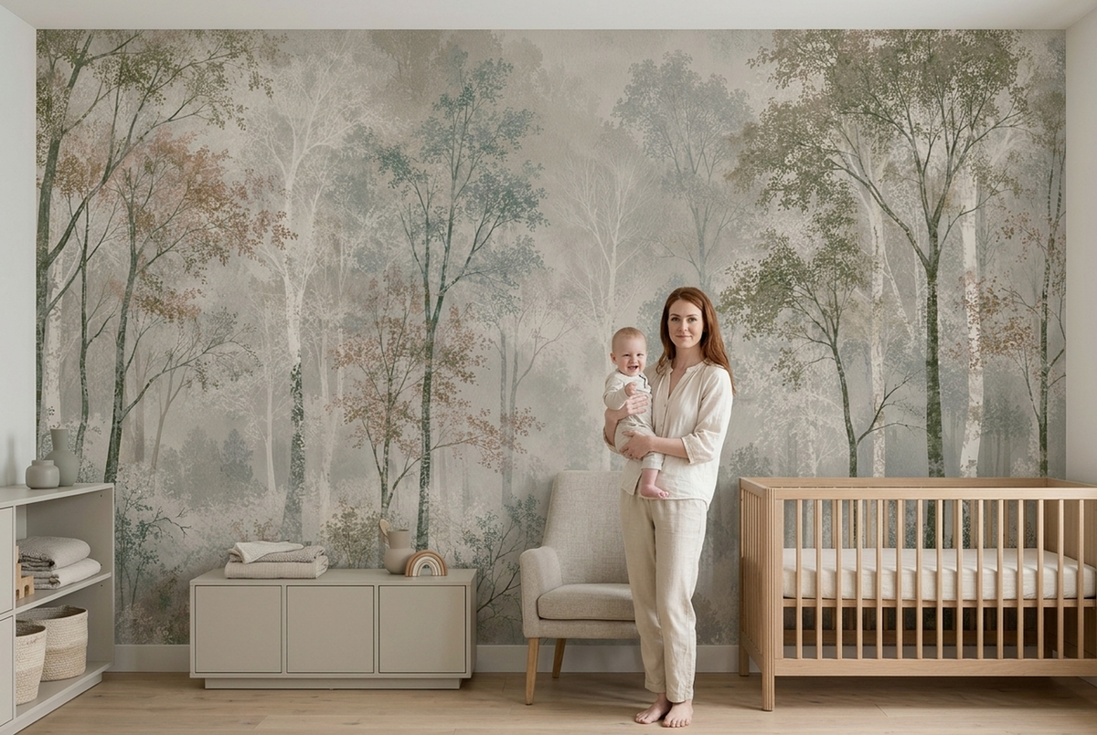 Foggy Woodland Wallpaper Neutral Sage Wall Mural
