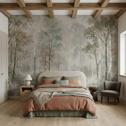 Foggy Woodland Wallpaper Neutral Sage Wall Mural
