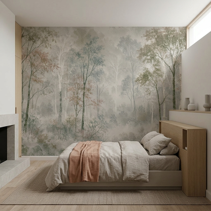 Foggy Woodland Wallpaper Neutral Sage Wall Mural