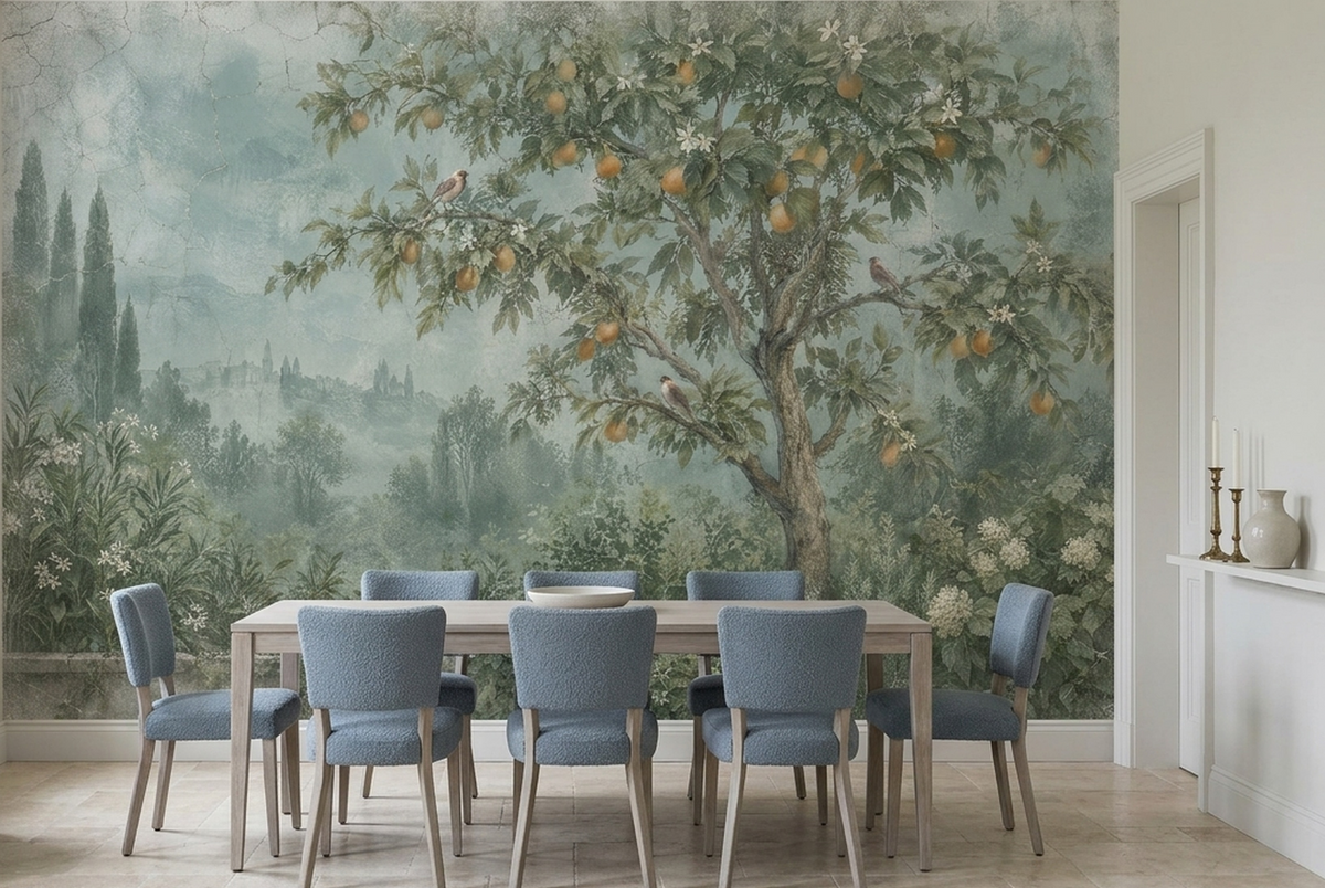 Orange Tree Garden Fresco Wallpaper Pastoral Scenic Wall Mural
