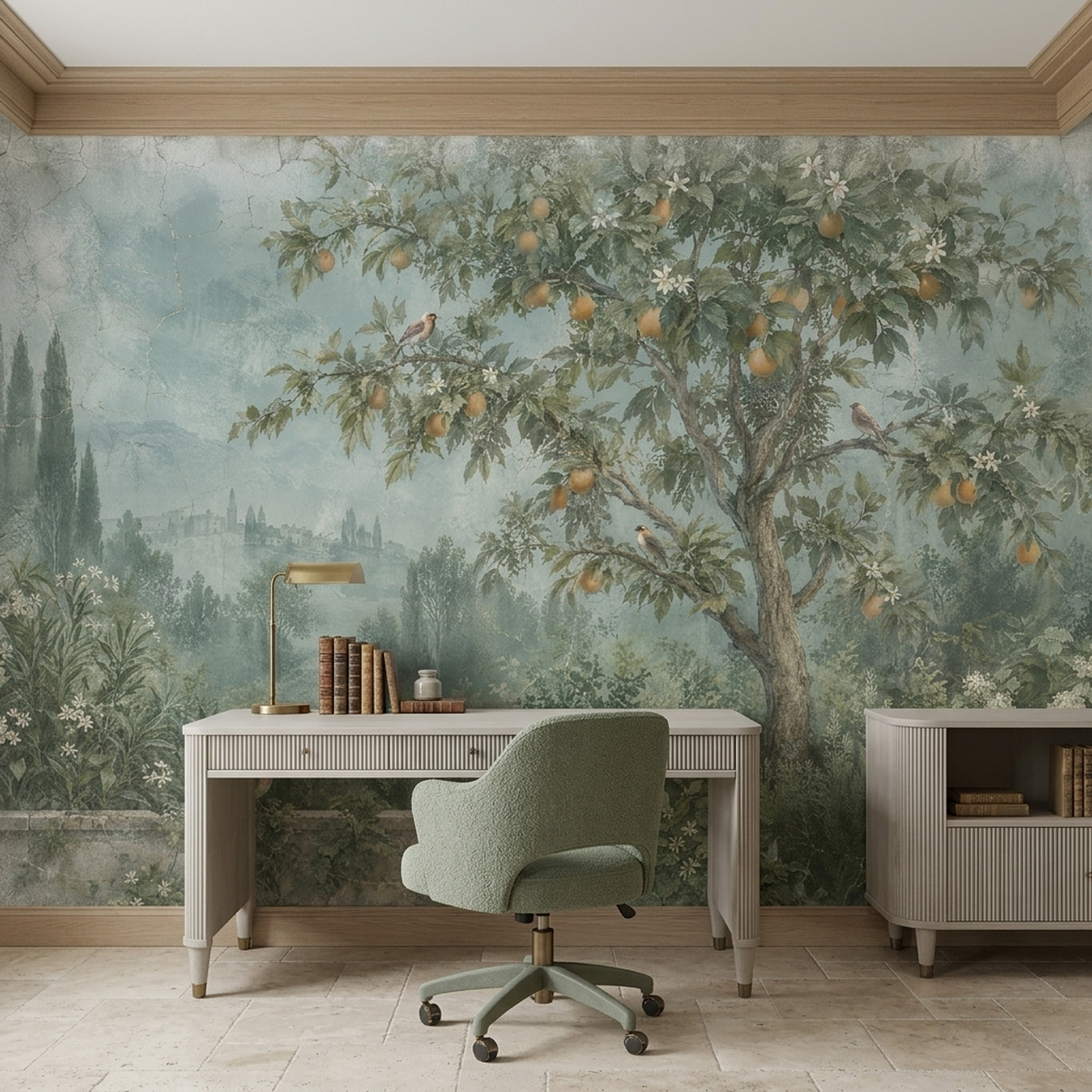 Orange Tree Garden Fresco Wallpaper Pastoral Scenic Wall Mural