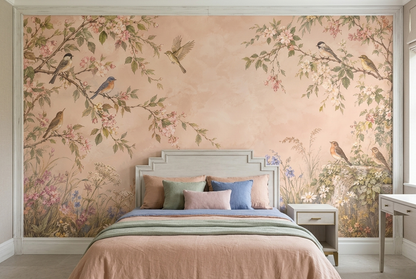 Songbirds On Blossom Branches Wallpaper Pastel Garden Wall Mural