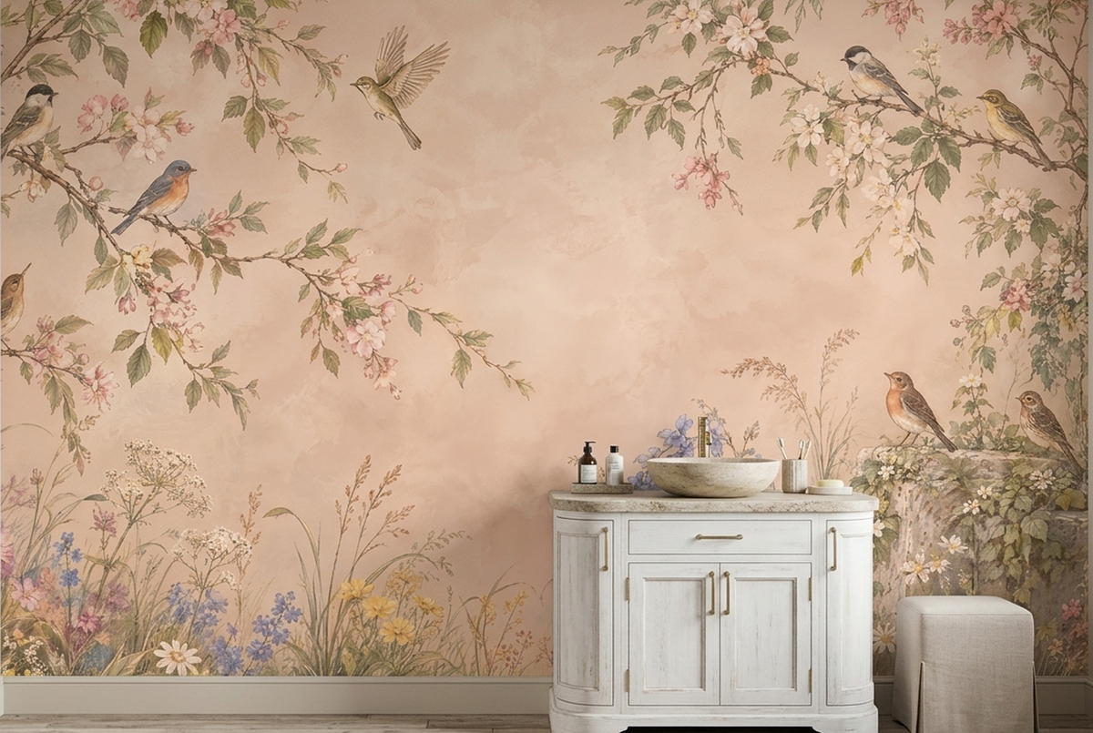 Songbirds On Blossom Branches Wallpaper Pastel Garden Wall Mural
