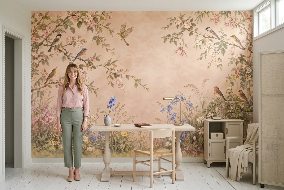 Songbirds On Blossom Branches Wallpaper Pastel Garden Wall Mural