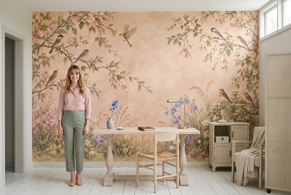 Songbirds On Blossom Branches Wallpaper Pastel Garden Wall Mural