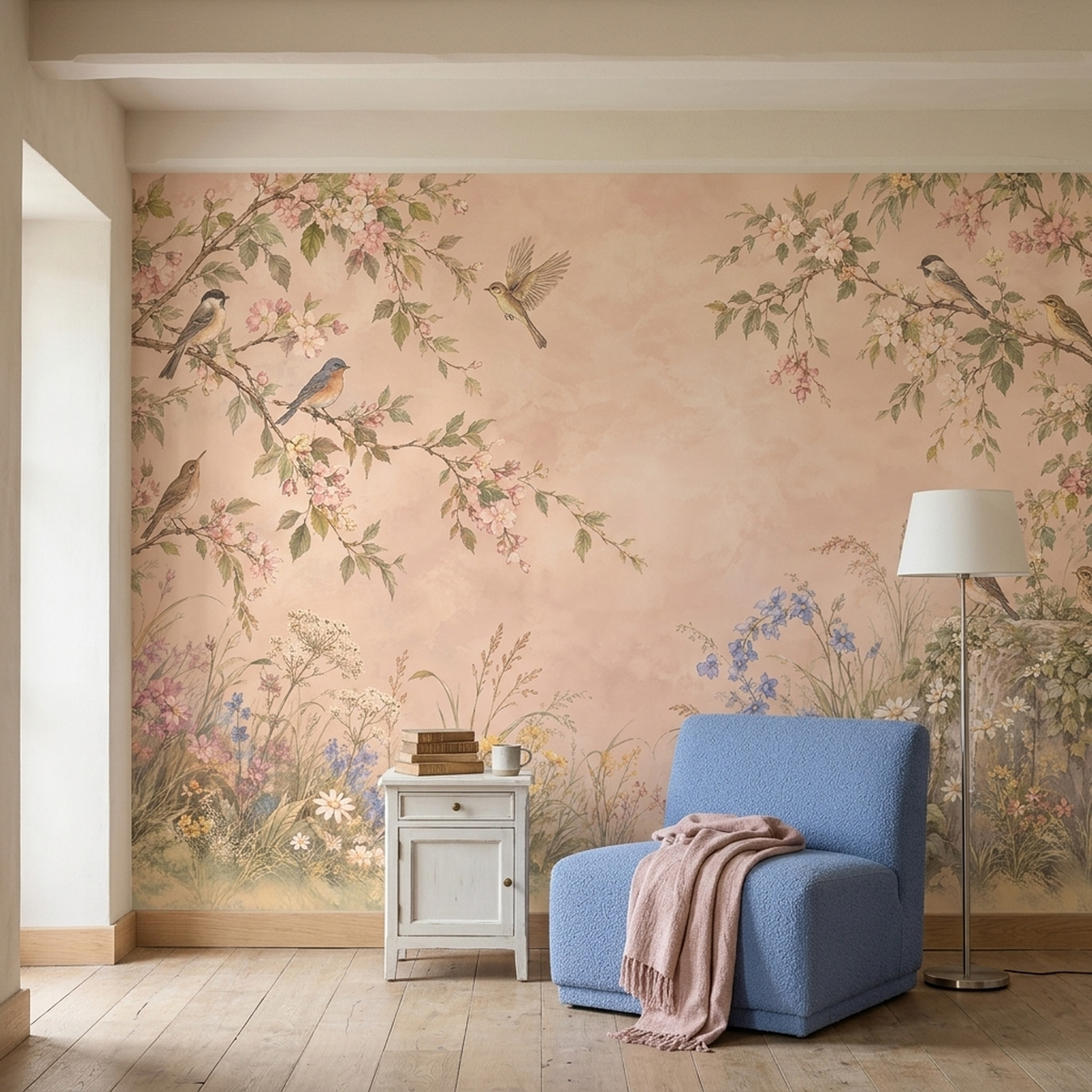 Songbirds On Blossom Branches Wallpaper Pastel Garden Wall Mural