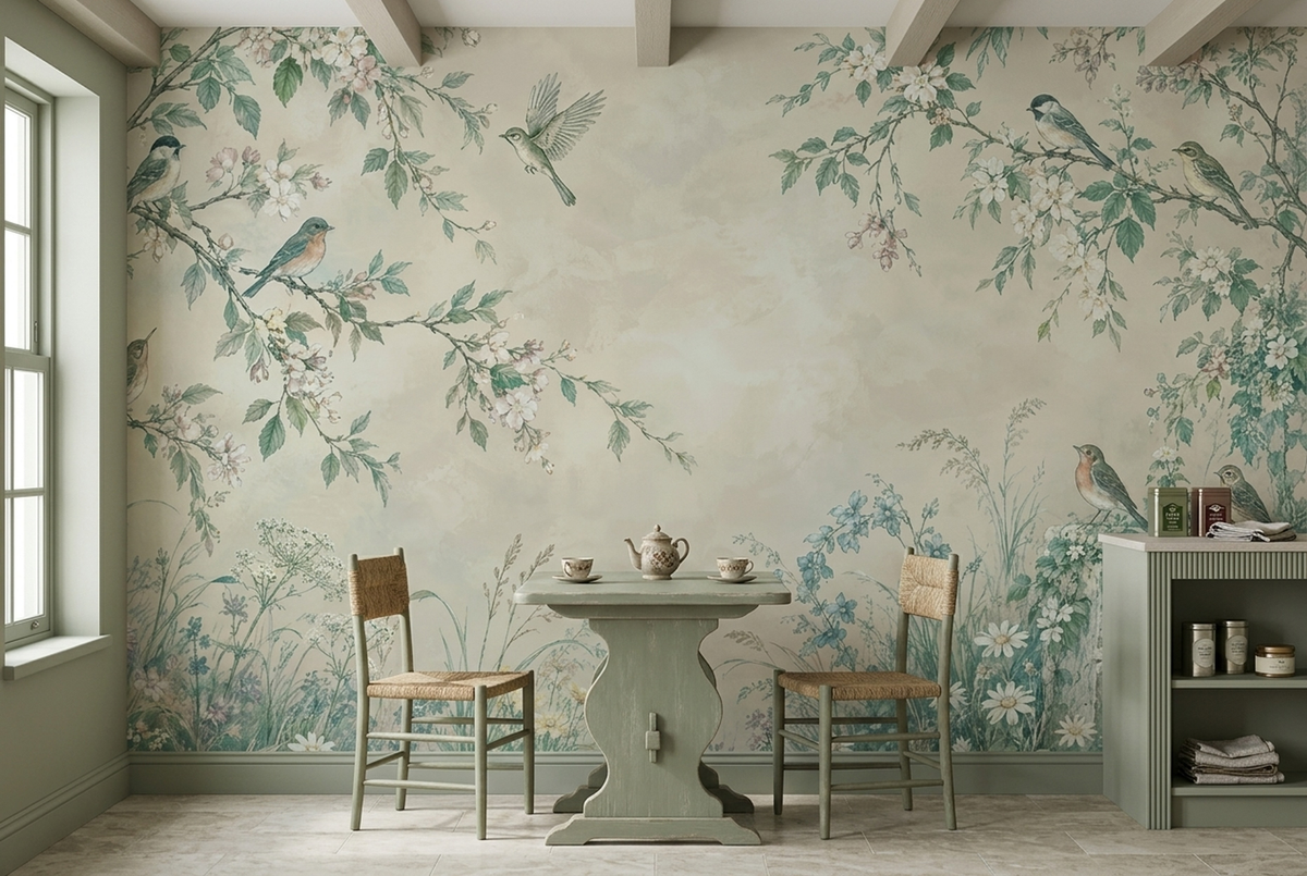 Blossoming Branches And Birds Wallpaper Garden Scene Wall Mural